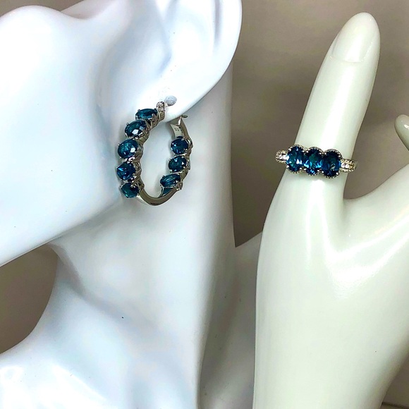 Blue Spinel Hoop Earrings & Ring Set Sz 8 Electroplated Rhodium Sterling Silver - Picture 15 of 17